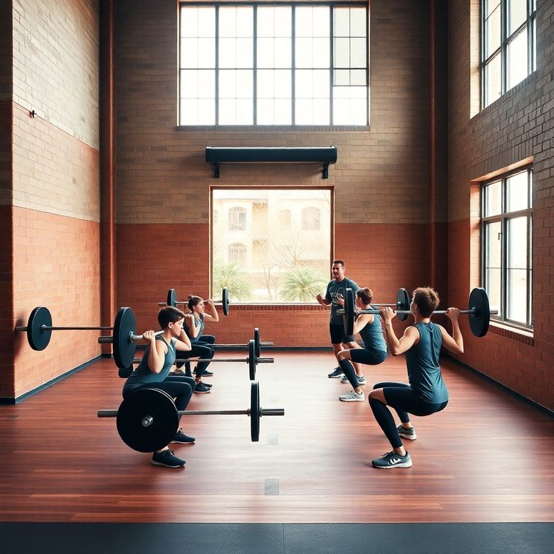 Overhead view of six athletes performing barbell back squats inside the Hartwell & Holloway gym floor